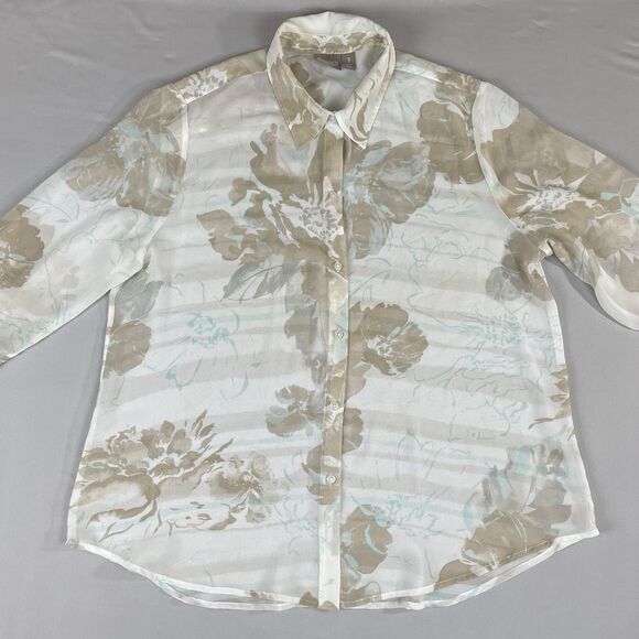 Chico's Floral Print Collared 3/4 Sleeve Blouse Women's 3 / XL Sheer White - Picture 1 of 13